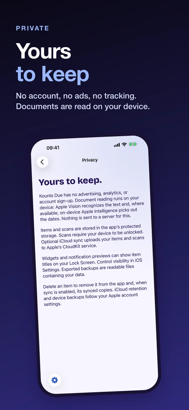 The privacy screen: no account, no ads, no tracking